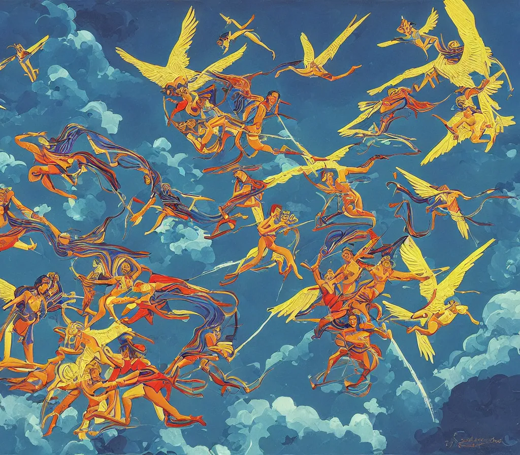 Image similar to sacred angels fighting in the skies of seattle, gouache, stylised, illustration, by syd mead, mati klarwein, and moebius