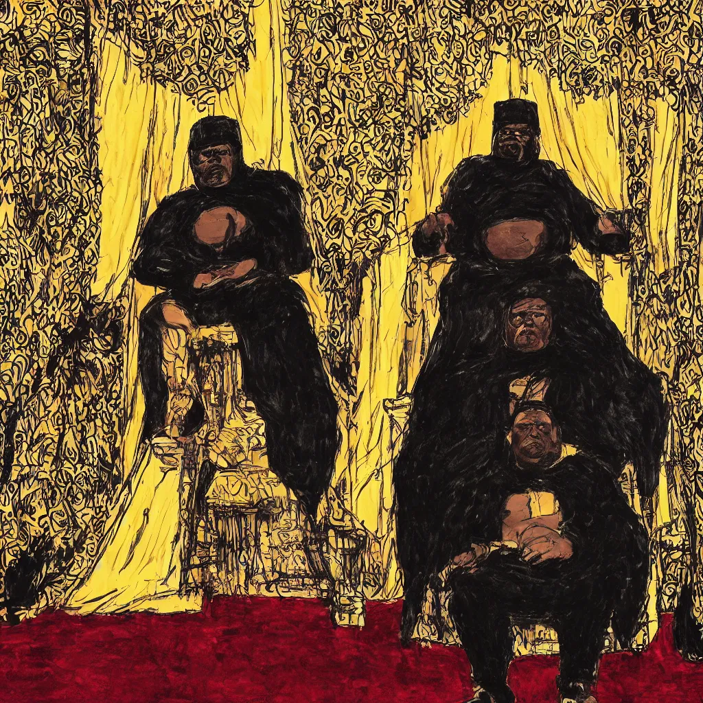 Image similar to style of frank miller, portrait of big black man sitting on throne, background made of big curtains