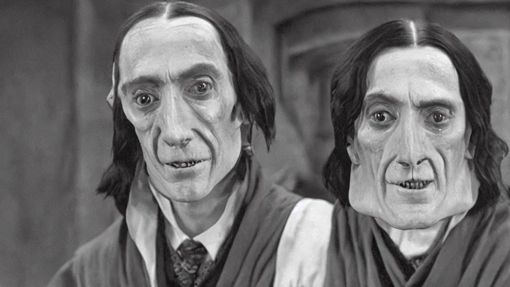 Image similar to thin man with sallow skin, a large, hooked nose, and yellow, uneven teeth. he has shoulder - length, greasy black hair which frames his face, and cold, black eyes. he wears black, flowing robes, severus snape in hogwarts hall,