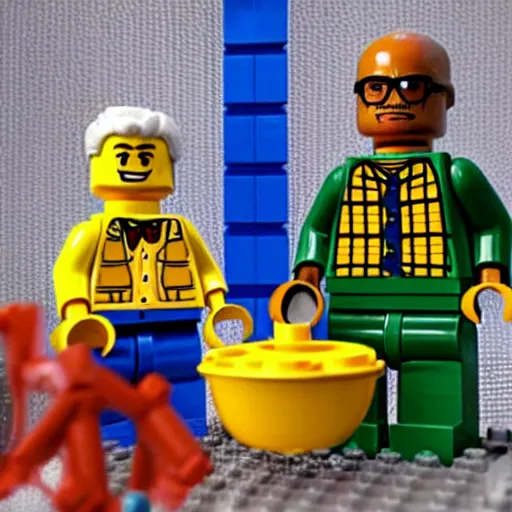 Image similar to LEGO Walter White and LEGO Gus Fring cooking meth with LEGO Obama in yellow jumpsuits