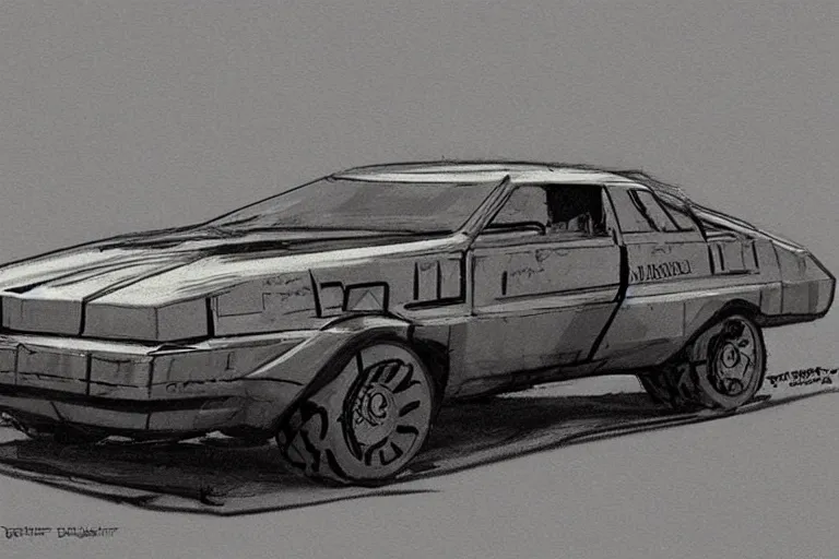 Image similar to Concept art of a 1980s wedge car. Dieselpunk.