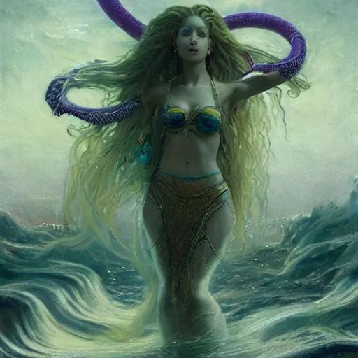 Image similar to birth of mami wata, sumerian goddess inanna ishtar, ashteroth, techno mystic goddess princess intergalactica, with aqua neon rapunzel dreadlocks, mami wata, detailed, by gaston bussiere, bayard wu, greg rutkowski, giger, maxim verehin, greg rutkowski, masterpiece, sharp focus,