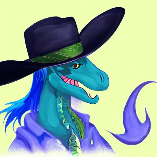 Image similar to digital art of a green scaled anthro dragon with blue hair and an australian cowboy hat