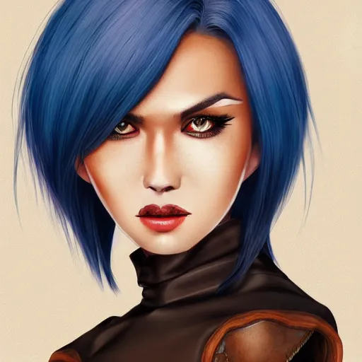 Image similar to illustrated realistic portrait of prong-horned devil woman with blue bob hairstyle and her tan colored skin and with solid black eyes wearing leather by rossdraws