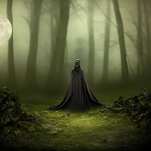 Prompt: a lady in a dark cloak suspended in mid air, seen from behind, ancient forest, mist, moonlight, 35mm, photorealistic, realistic, deviantart, gloomy atmosphere, high definition