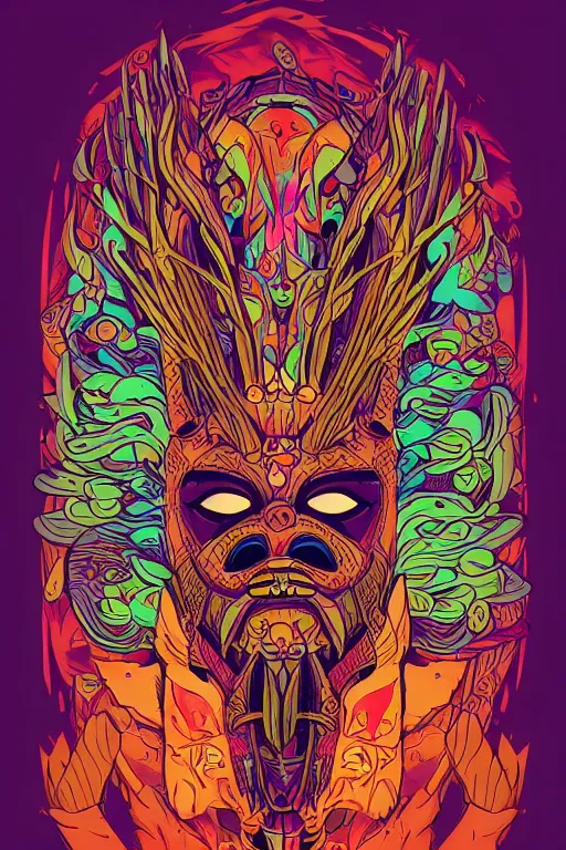 Image similar to animal mask totem roots flower tribal feather gemstone plant wood rock shaman vodoo video game vector cutout illustration vivid multicolor borderlands comics by josan gonzales and dan mumford radiating a glowing aura