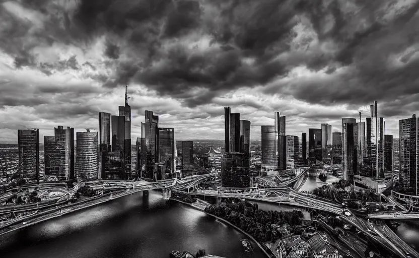 Prompt: a dramatic frankfurt skyline photo by ryan dyar, highly detailed, 8 k