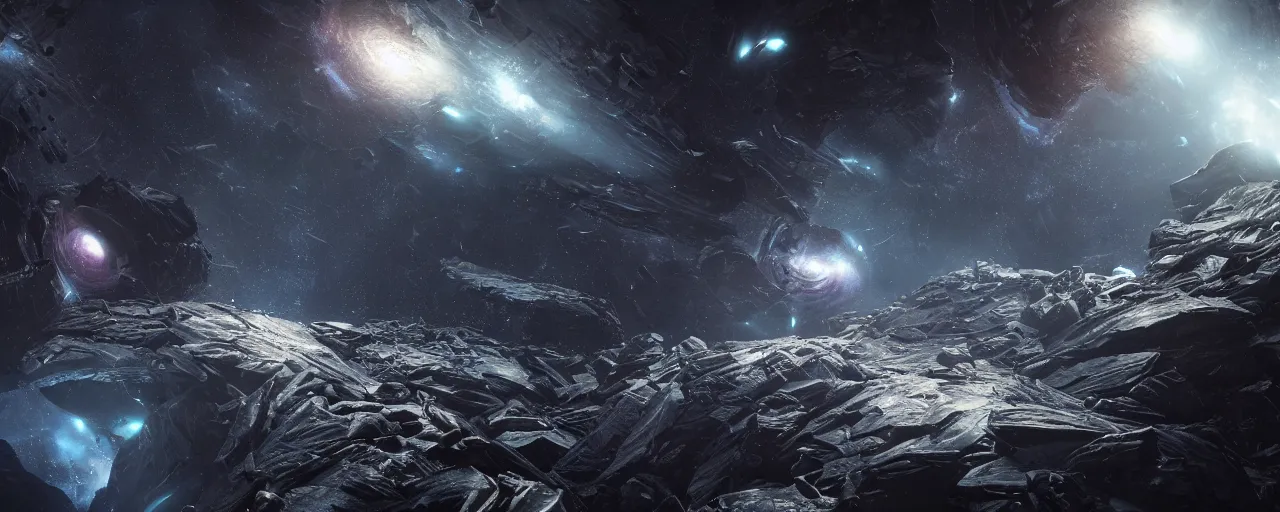 Image similar to a highly detailed dark epic swirling galaxy, space scene, dark scifi, unreal engine, octane render, detailed and intricate, global illumination, volumetric lighting