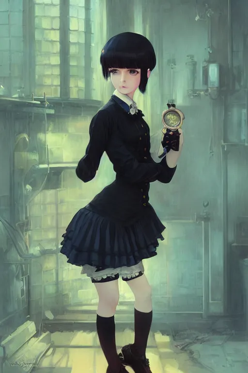 Image similar to a cute young Victorian maid with black bob cut hair, steampunk setting, vivid colors, soft lighting, atmospheric, cinematic, moody, in the style of Ilya Kuvshinov and Range Murata, Krenz Cushart, oil on canvas, 8k