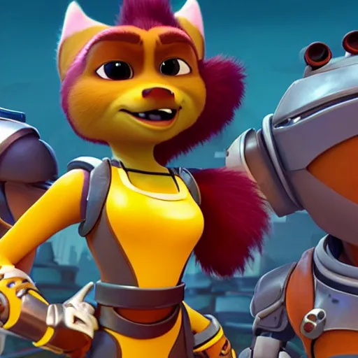 Prompt: kyla pratt kisses ratchet on the cheek in the ratchet and clank universe