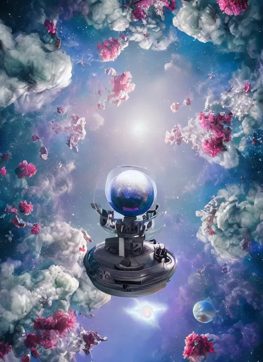 Image similar to An epic fantastic realism comic book style painting of the most beautiful flowers launched into space, perfect shiny silver iridescent spheres, bouquets, fisheye lens, unreal 5, DAZ, hyperrealistic, octane render, dynamic lighting