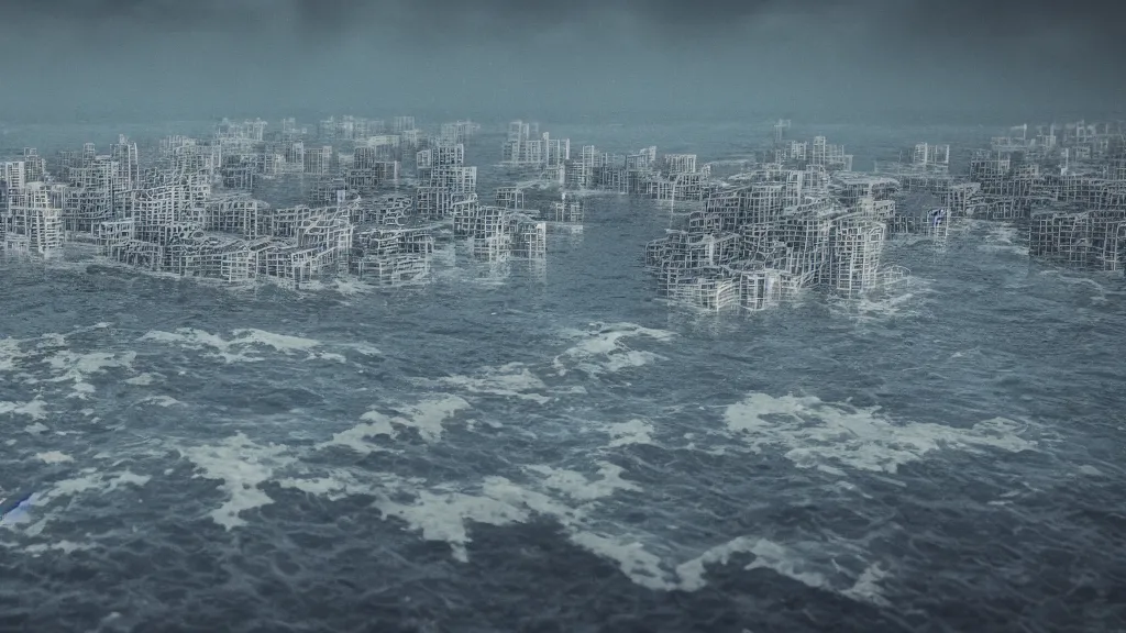 Prompt: a city floating on the ocean, crashing waves, far view, 3 5 mm dslr photograph, photorealistic, 4 k, rendered in octane