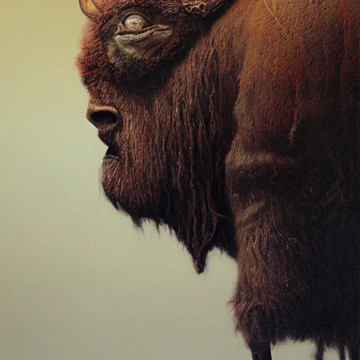 Image similar to portrait of Josh Allen wearing Bison head, dark fantasy, Warhammer, artstation painted by Zdzisław Beksiński and Wayne Barlowe