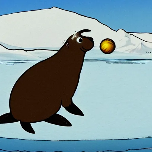 Image similar to cartoon drawing of a seal tossing a ball with a sheep in antarctica. the seal's head is peaking above the water