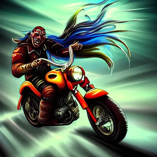 Image similar to colorful airbrush artwork, motorcycle, stylized action shot of an orc biker riding a motorcycle, drifting, skidding, wheelie, clear focused details, soft airbrushed artwork, black background, cgsociety, artstation