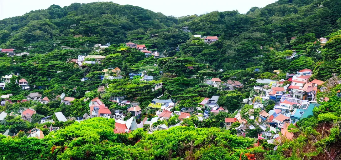 Image similar to studio ghibli style, hilly countryside and ocean