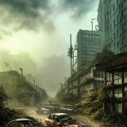 Image similar to postapocalyptic city of munich!!!, wild forest!!! vegetation!!!, small rubble!!, rusty bmw cars!!, hyperrealistic, highly detailed, cinematic, sunny foggy light, beautiful, cgssociety, artstation, 8 k, oil painting by greg rutkowski, by artgerm, by wlop