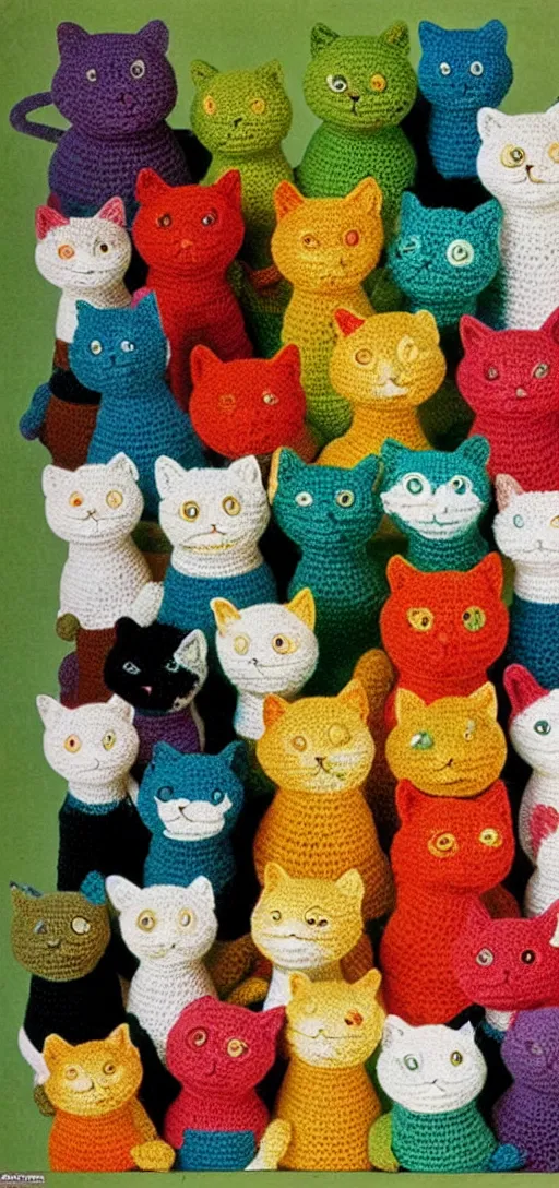 Prompt: multicolored crocheted cats, 1 9 6 0 s catalogue photo,