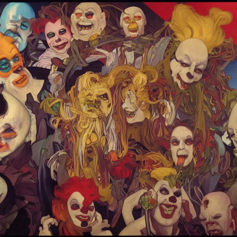 Image similar to Beautiful Studio Portrait of Killer Klowns from Outer Space (1988), oil painting by Alphonse Mucha and Arnold Bocklin, trending on artstation dramatic lighting hyperrealism 8k