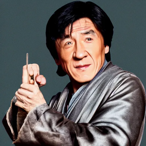 Prompt: old Jackie Chan as Dumbledore with a long grey bird