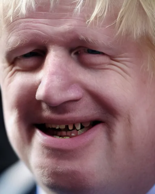 Image similar to a film still extreme close - up shot of boris johnson grinning. photography, photographic