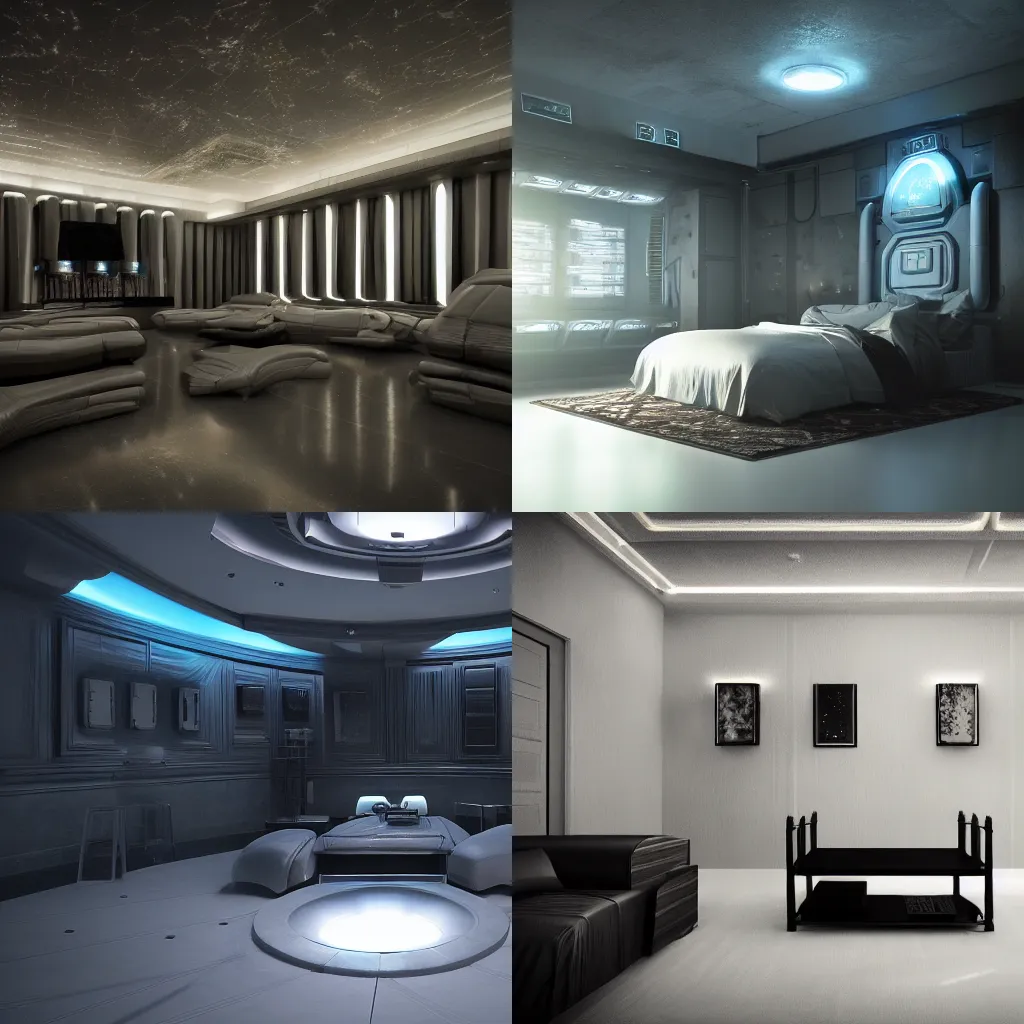 Prompt: sci-fi theme, dark with some lights, a luxury room, octane rendering