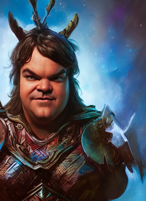 Image similar to A fantasy comic book style portrait painting of jack black, Joey King as a Mystical Valkyrie, unreal 5, DAZ, hyperrealistic, octane render, RPG portrait, dynamic lighting