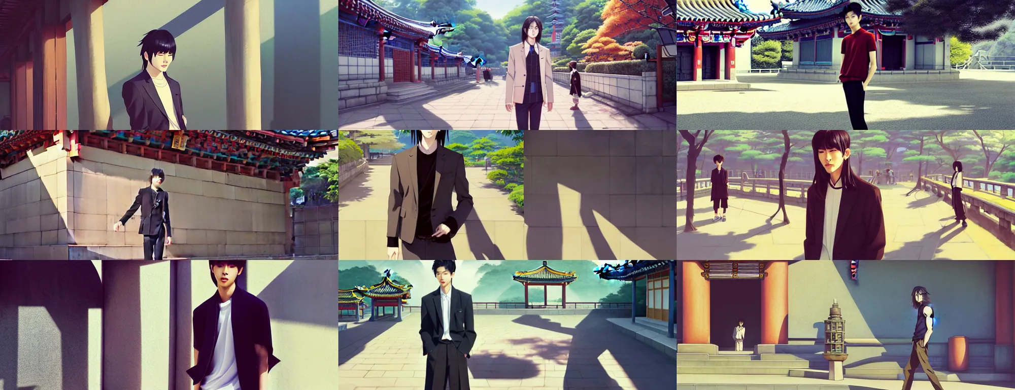 Image similar to a trendy korean male model with long straight hair at a temple on a nice sunny afternoon, strong shadows, overexposed sunlight, a screenshot by krenz cushart, pixiv contest winner, action painting, 2d game art, official art, award-winning, art by Studio Ghibli, by Chris Moore, high details