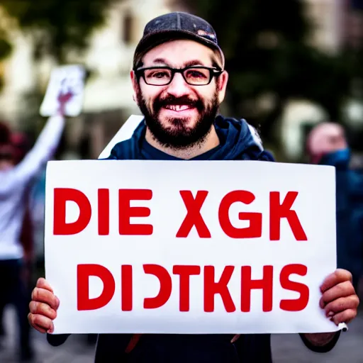 Image similar to photograph of smiling man holding a protest sign saying'xd ', high detail, 8 k resolution