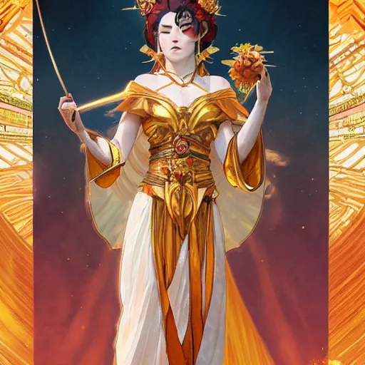 Image similar to The goddess Amaterasu clothed in pure golden light energy, D&D, highly detailed, digital painting, artstation, concept art, sharp focus, illustration, art by artgerm and greg rutkowski and alphonse mucha