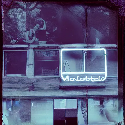 Image similar to double exposure photograph, lovers falling, neon motel