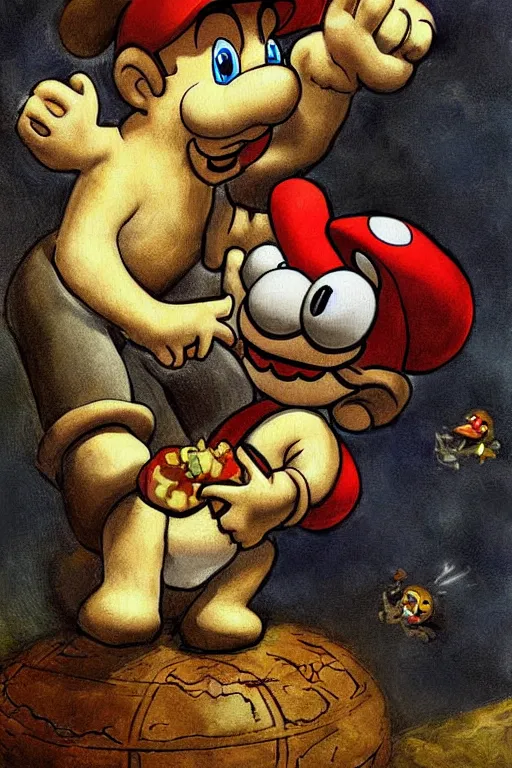 Image similar to mario and toad in the painting saturn devouring his son, digital art, nintendo style, goya, extremely detailed, grotesque