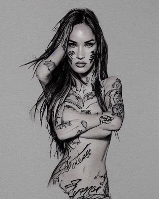 Image similar to double exposure effect tattoo design sketch of megan fox with amazing mountain scenery, realism tattoo, in the style of den yakovlev, amazing detail, sharp