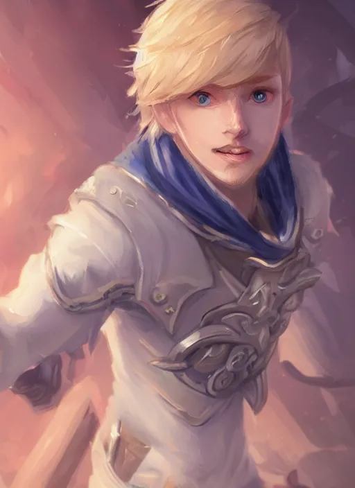 Image similar to a highly detailed illustration of cute little blonde blue eyes boy, wide eyed adventurous pose, intricate, elegant, highly detailed, centered, digital painting, artstation, concept art, smooth, sharp focus, league of legends concept art, WLOP