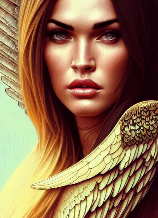 Image similar to portrait of megan fox as an blonde angel, wings, bible, intricate, headshot, highly detailed, digital painting, artstation, concept art, sharp focus, cinematic lighting, illustration, art by artgerm and greg rutkowski, alphonse mucha, cgsociety