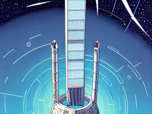 Image similar to a scifi illustration, hyper detailed external view of a space elevator. cinematic wide angle composition. flat colors, limited palette in FANTASTIC PLANET La planète sauvage animation by René Laloux