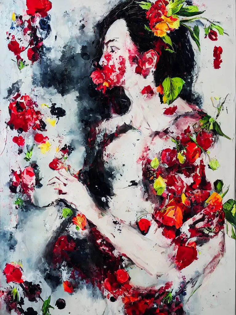 Image similar to “art in an Australian artist’s apartment, portrait of a woman wearing white cotton cloth, eating luscious fresh raspberries and strawberries and blueberries, edible flowers, black background, acrylic and spray paint and oilstick on canvas”