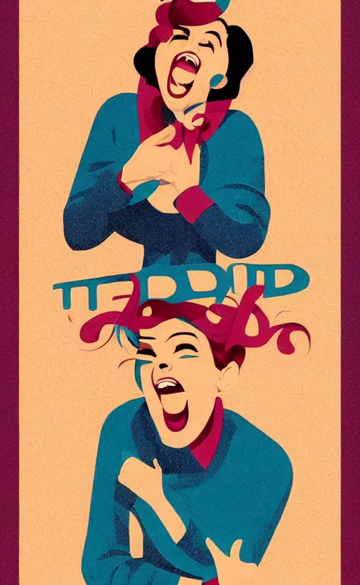 Image similar to illustration with a woman laughing out loud with open mouth, standup, comedy, joke, an art deco painting by tom whalen, trending on behance, art deco, digital illustration, storybook illustration, grainy texture, flat shading, vector art, airbrush, pastel, watercolor, poster