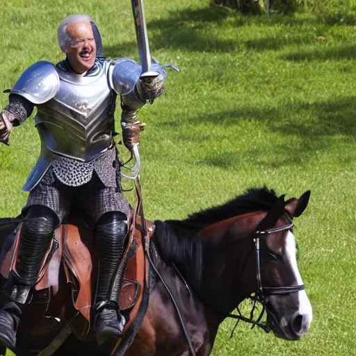 Image similar to Joe Biden riding a horse with a sword and armour, photo