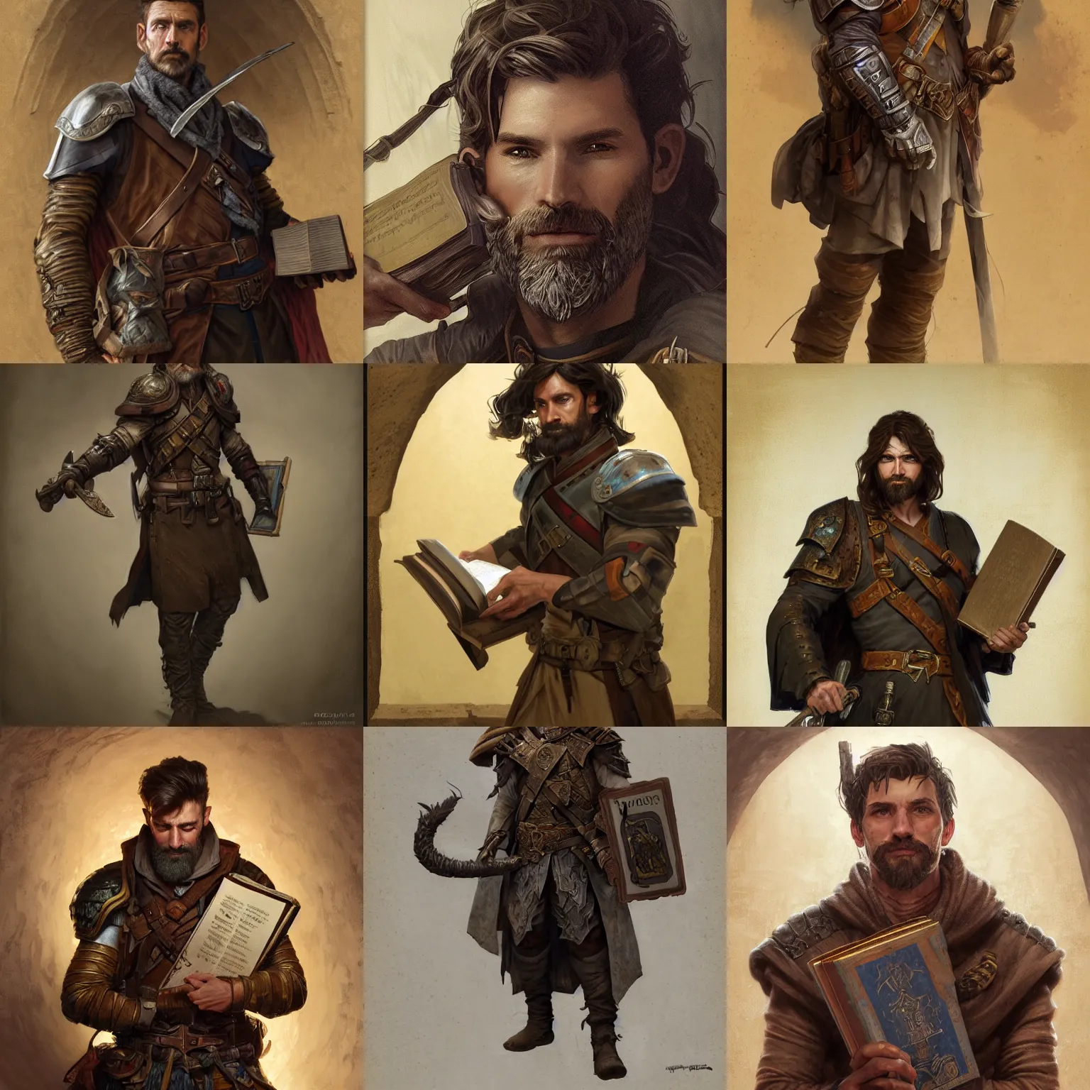 Prompt: portrait of a ruggedly handsome wizard soldier with short brown hair and stubble wearing leather armor holding a book inside an ancient tomb, half body, fantasy, highly detailed, digital painting, artstation, concept art, character art, art by greg rutkowski and tyler jacobson and alphonse mucha