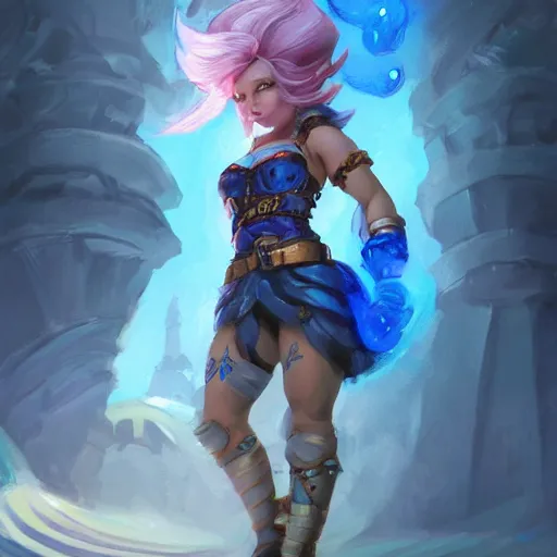 Image similar to beautiful muscular charming female gnome mechanic, fantasy magic bright blue lightning gauntlet arms, short black pixie undercut hair, standing on ship deck, naval background, intricate, fantasy magic, highly detailed, full body portrait, wide angle, digital painting, artstation, smooth, sharp focus, great composition, illustration, art by Greg Rutkowski, trending on artstation