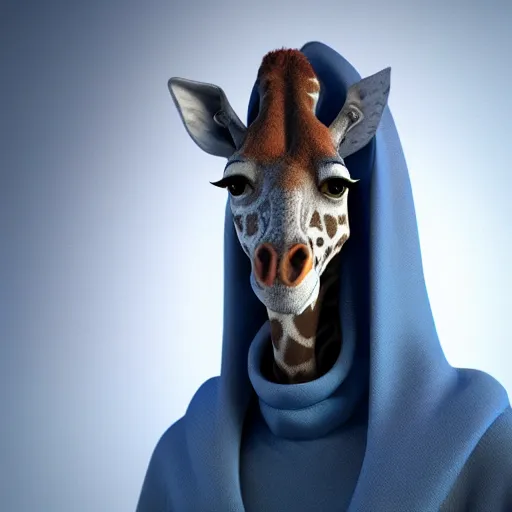Prompt: a highly detailed portrait of a humanoid giraffe in a blue cloak, adventurer, artstation, deviantart, professional, unreal engine 5, octane render