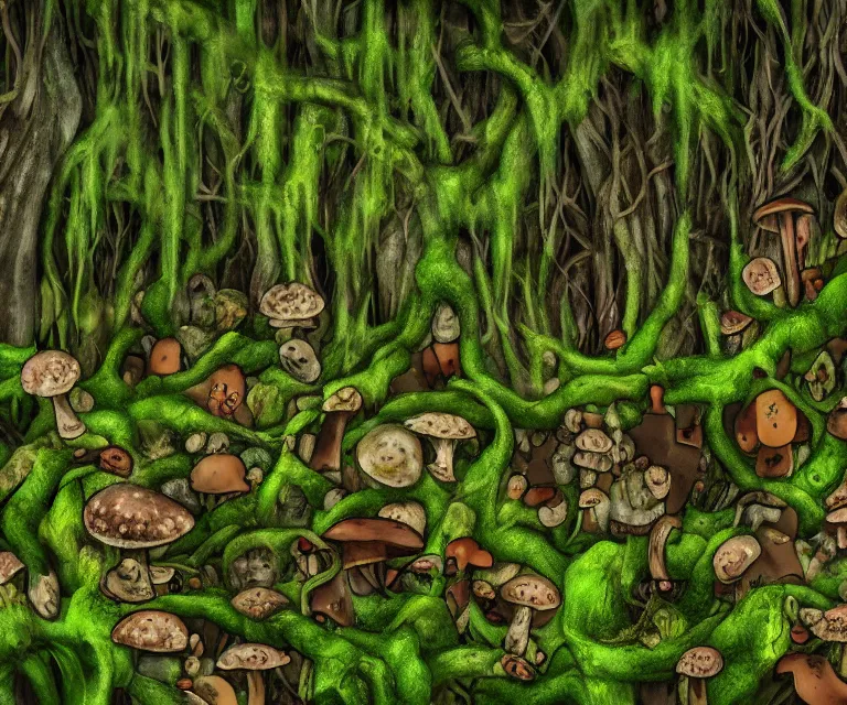 Image similar to a forest made of mold, mushrooms, moss, and vines in the style of anti - art trending on artstation deviantart pinterest detailed high resolution hd 8 k