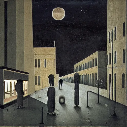 Image similar to a some people waiting in a lone bus stop in quiet dark city night Painting by Piero della Francesca, Morandi, Yves Tanguy, high quality, high resolution,detailed