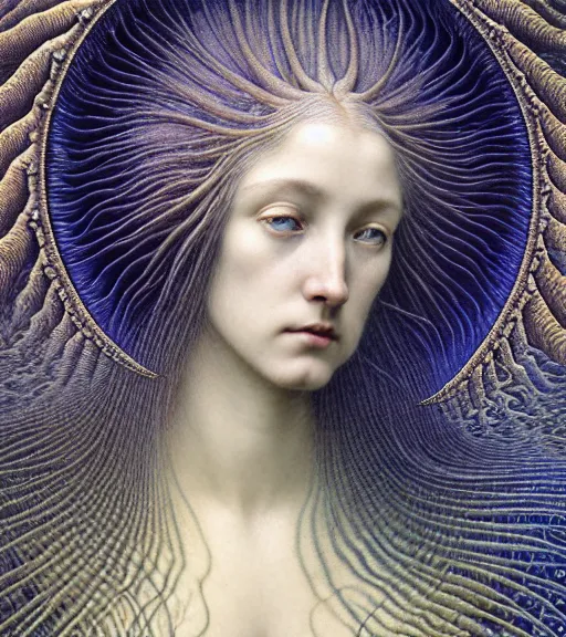 Prompt: detailed realistic beautiful storm goddess face portrait by jean delville, gustave dore, iris van herpen and marco mazzoni, art forms of nature by ernst haeckel, art nouveau, symbolist, visionary, gothic, neo - gothic, pre - raphaelite, fractal lace, intricate alien botanicals, ai biodiversity, surreality, hyperdetailed ultrasharp octane render