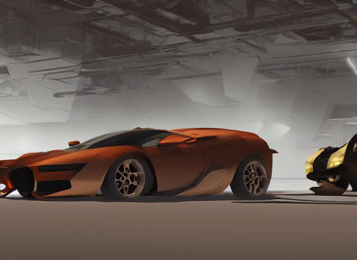 Image similar to combine some random sport cars as one with bronze paint, in a clean engineering sci - fi workshop, concept art style by pablo carpio. global illumination. full view.