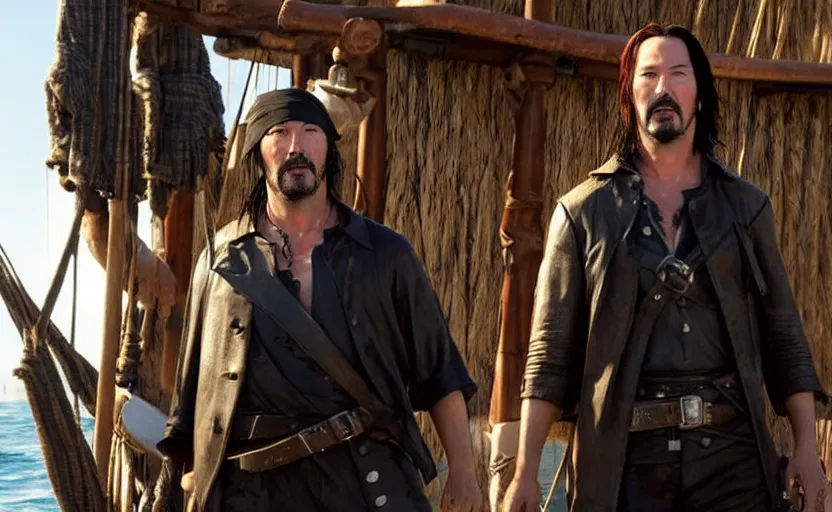 Prompt: Keanu reeves in a role of Sea of thieves Pirate, film still