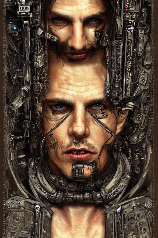 Image similar to portrait of gothic Tom Cruise holy priest, cyberpunk, Warhammer, highly detailed, artstation, illustration, art by Gustav Klimt