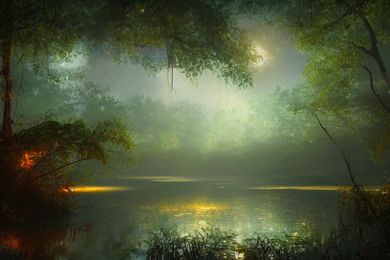 Prompt: a peaceful mangrove tree swamp at night with glowing fireflies, landscape painting, romanticism style, volumetric lighting, unreal engine, cinematic, trending on artstation