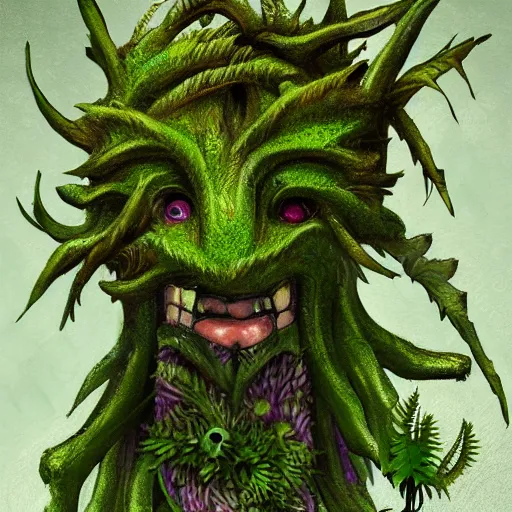 Image similar to A plant monster, highly detailed, digital art, sharp focus, trending on art station, leaves, moss, ferns, thistle, anime art style